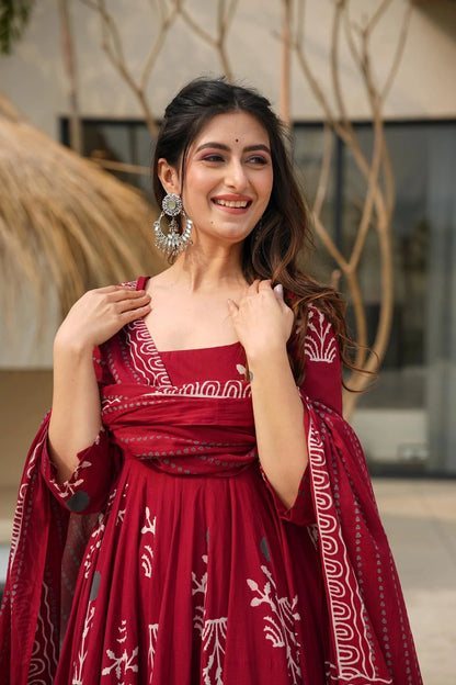Crimson Bloom Printed Anarkali Set with Dupatta