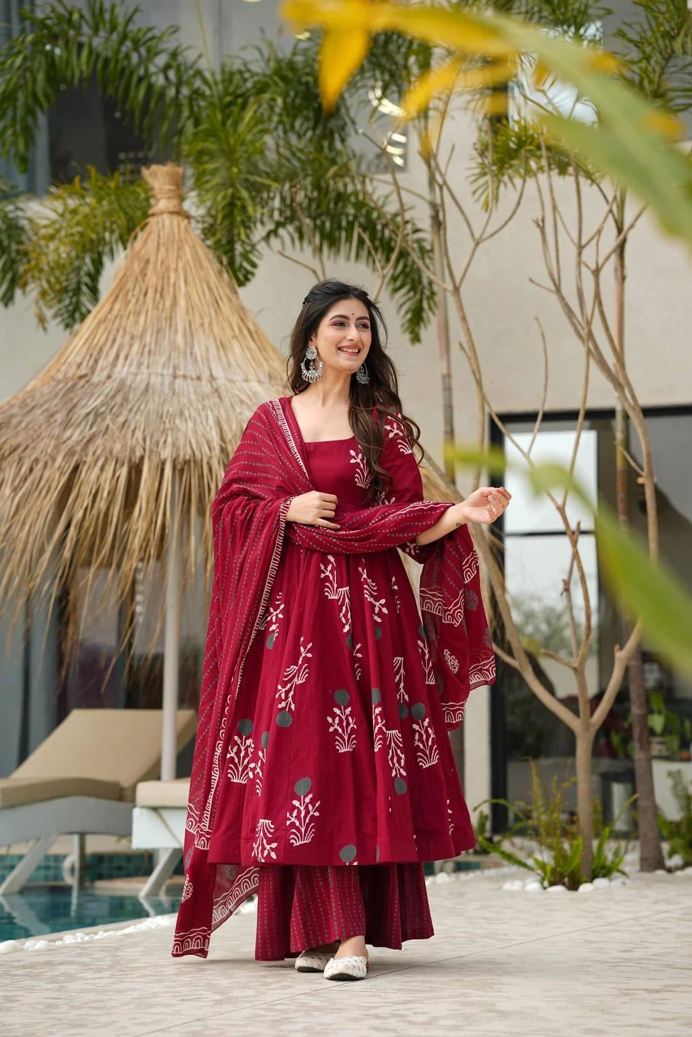 crimson bloom printed anarkali set with dupatta