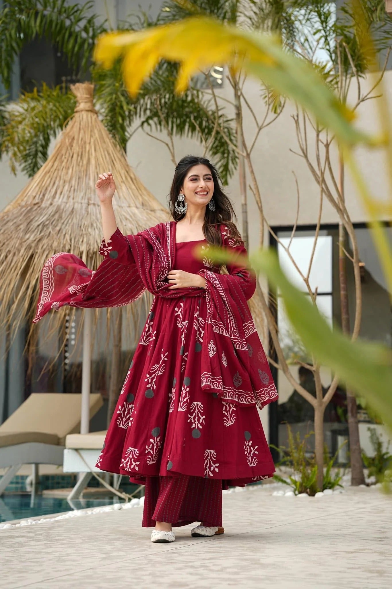 crimson bloom printed anarkali set with dupatta