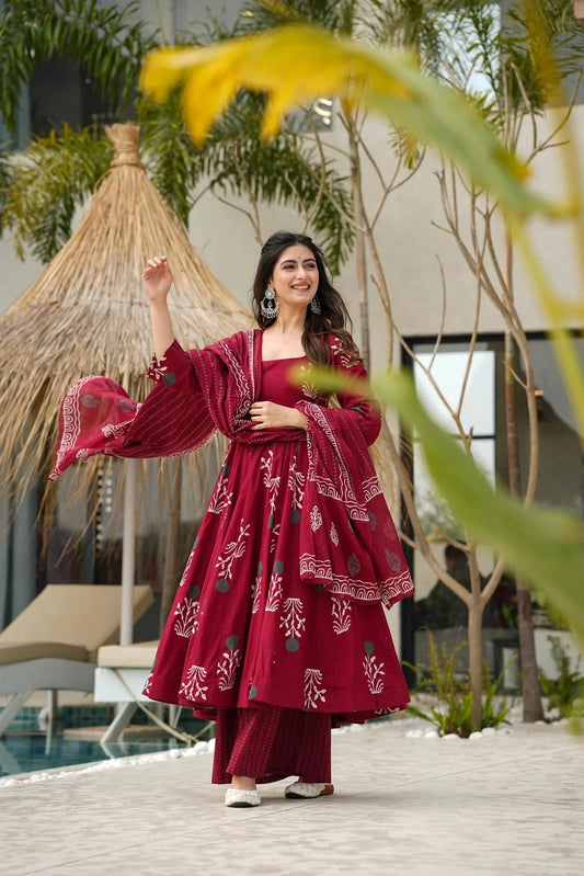 Crimson Bloom Printed Anarkali Set with Dupatta