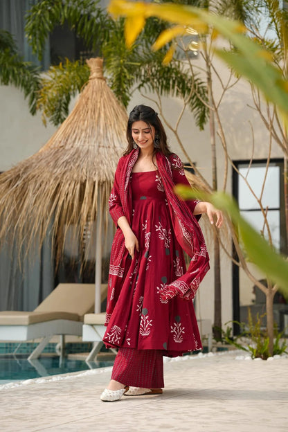 Crimson Bloom Printed Anarkali Set with Dupatta