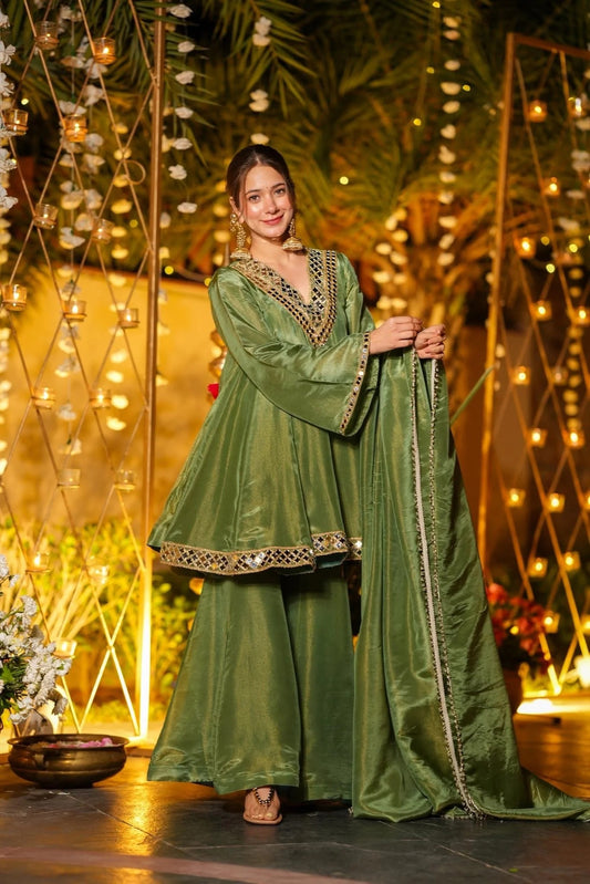 Royal Olive Silk Anarkali with Embellished Dupatta