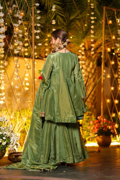 Royal Olive Silk Anarkali with Embellished Dupatta