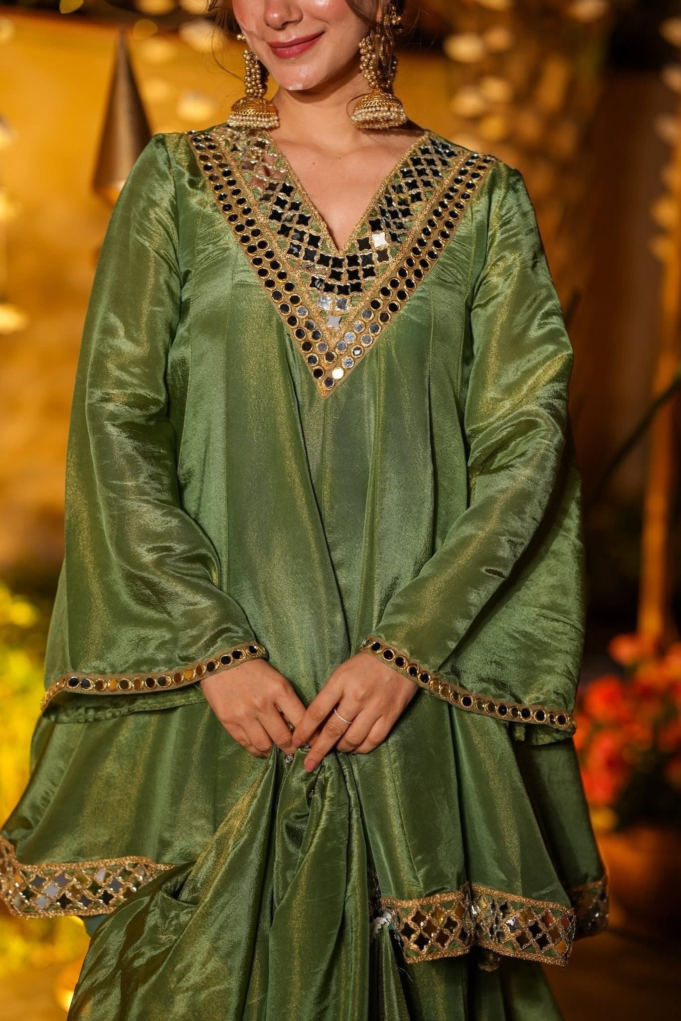 royal olive silk anarkali with embellished dupatta