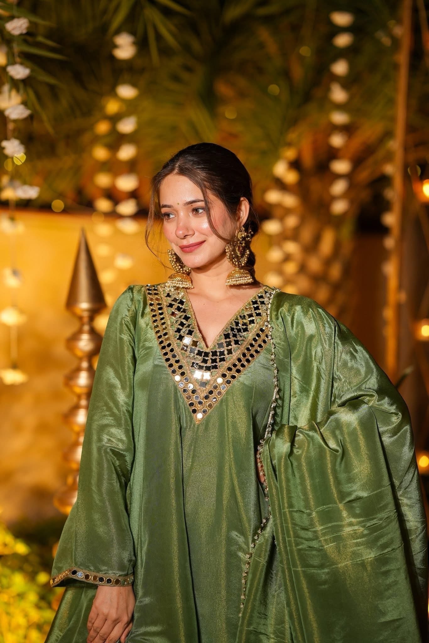 royal olive silk anarkali with embellished dupatta