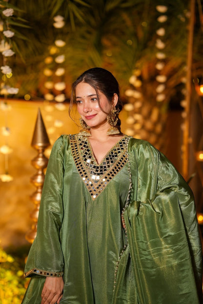 Royal Olive Silk Anarkali with Embellished Dupatta