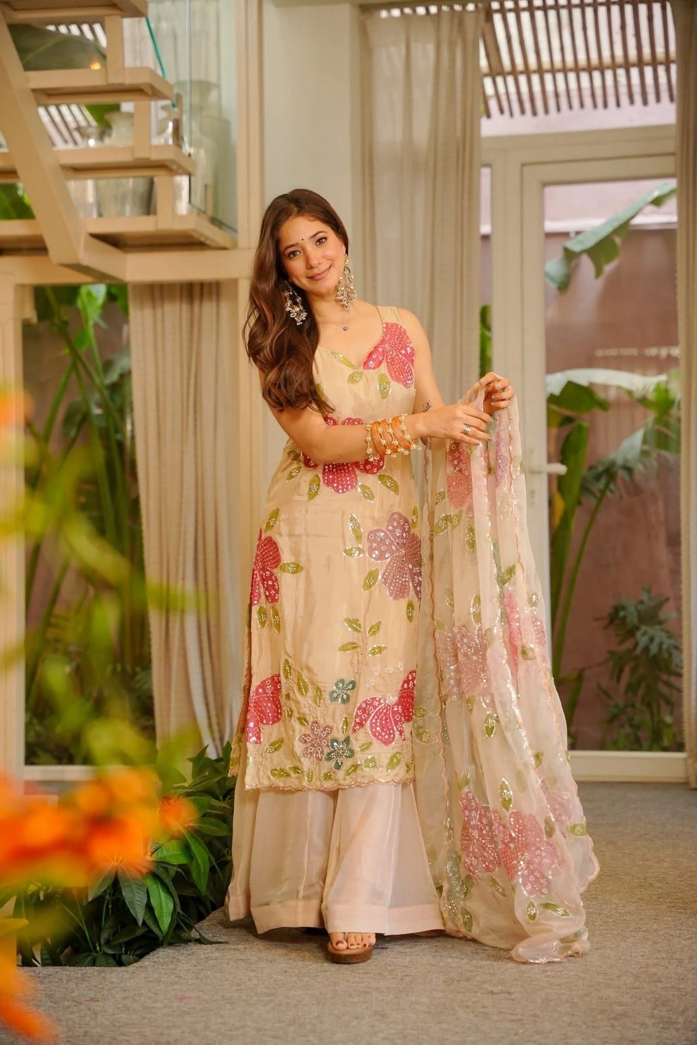 blush beige floral embroidered kurta set with dupatta
