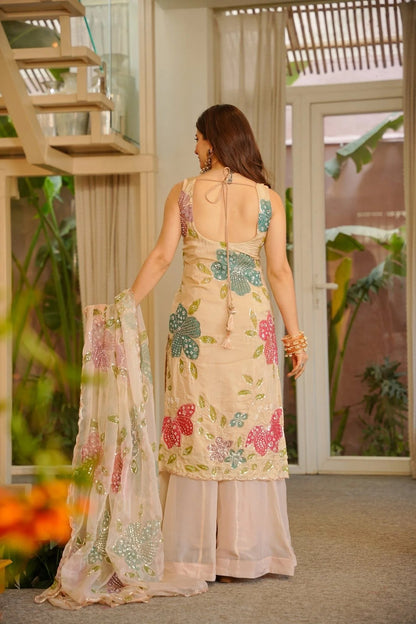 Blush Beige Floral Embroidered Kurta Set with Dupatta