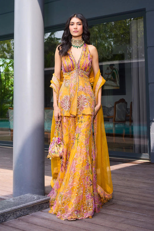 Sunset Bloom Embroidered Halter Neck Lehenga Set with Dupatta