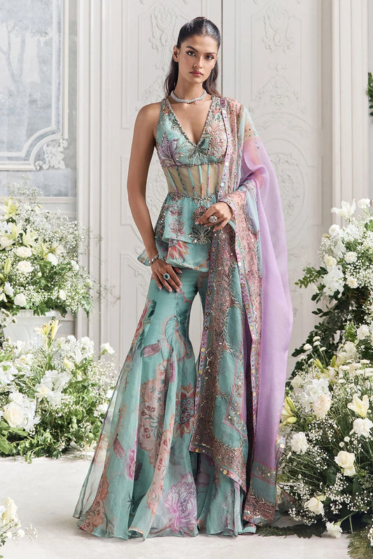 Pastel Mint Floral Embroidered Sharara Set with Designer Blouse & Dupatta