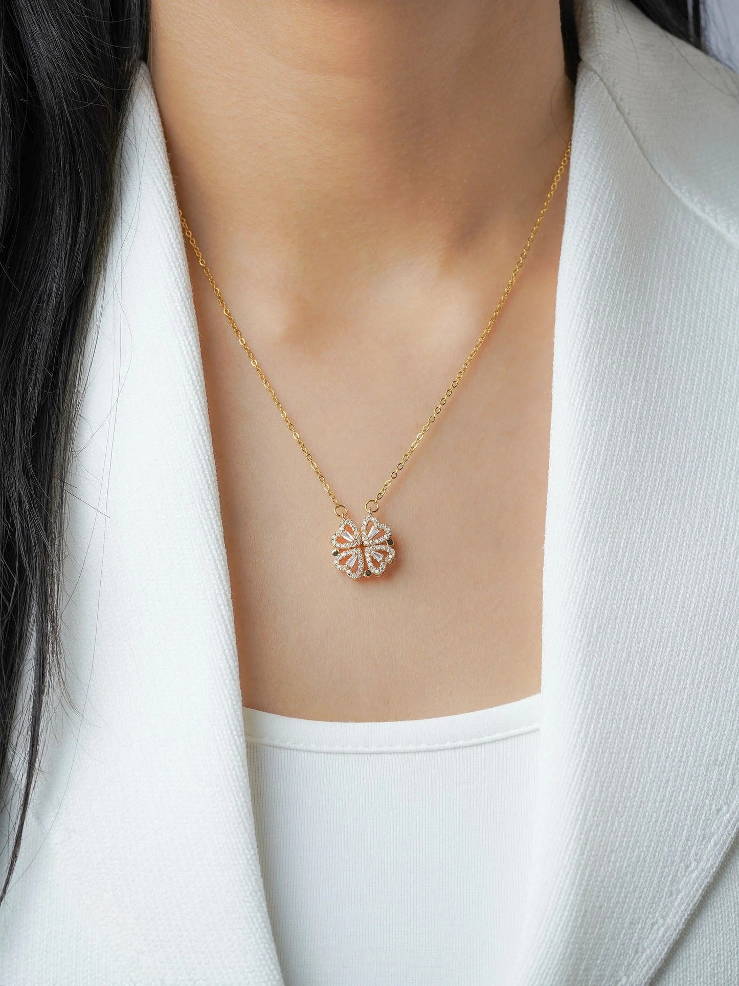 gold clover pendant necklace for women | floral lucky charm design with cz diamonds | elegant minimal daily wear jewelry