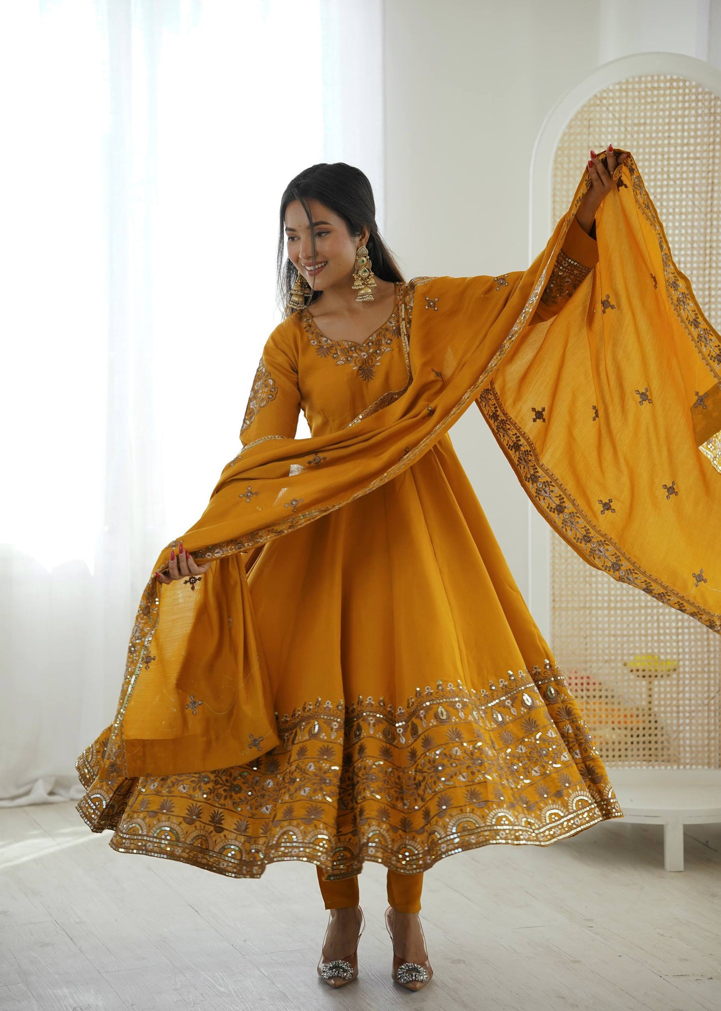 elegant embroidered sequence designer anarkali three piece set