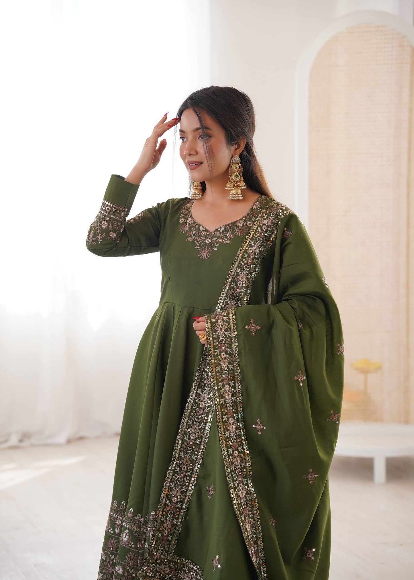 elegant embroidered sequence designer anarkali three piece set