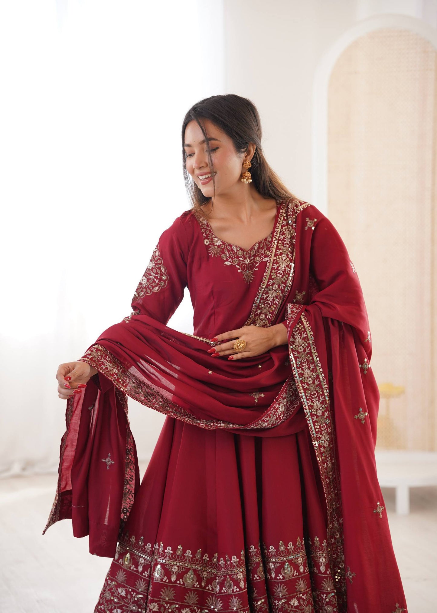 elegant embroidered sequence designer anarkali three piece set