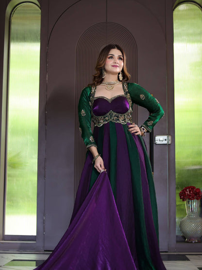 Purple & Dark Green Velvet Look Embroidered Floor-Length Gown for Women