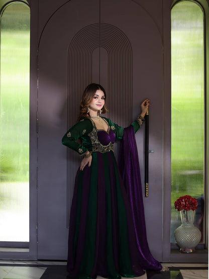 Purple & Dark Green Velvet Look Embroidered Floor-Length Gown for Women