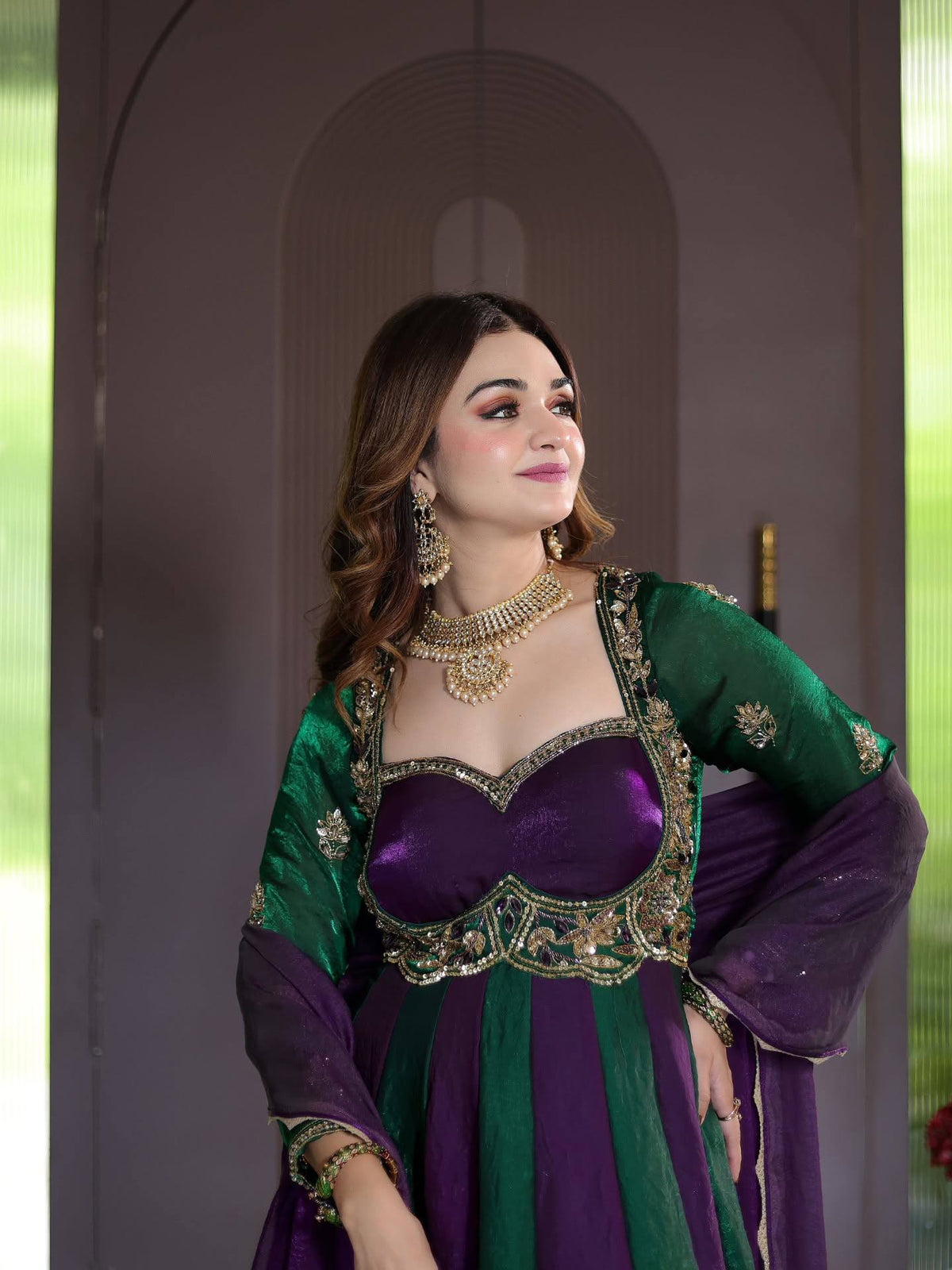 purple & dark green velvet look embroidered floor-length gown for women