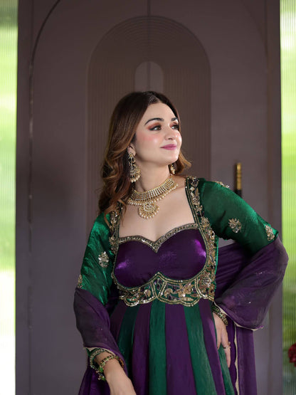 Purple & Dark Green Velvet Look Embroidered Floor-Length Gown for Women