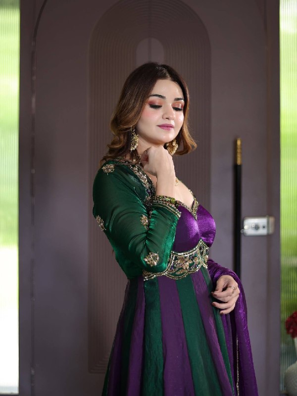 purple & dark green velvet look embroidered floor-length gown for women