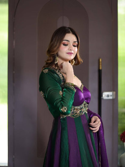Purple & Dark Green Velvet Look Embroidered Floor-Length Gown for Women