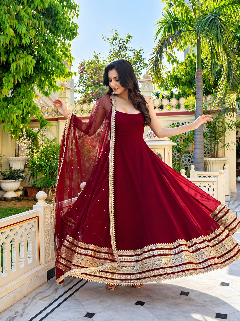 maroon embroidered anarkali suit set with  dupatta