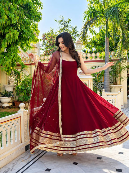 Maroon Embroidered Anarkali Suit Set with  Dupatta