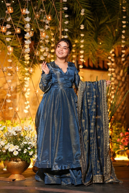 Midnight Blue Regal Anarkali Set with Embroidered Dupatta