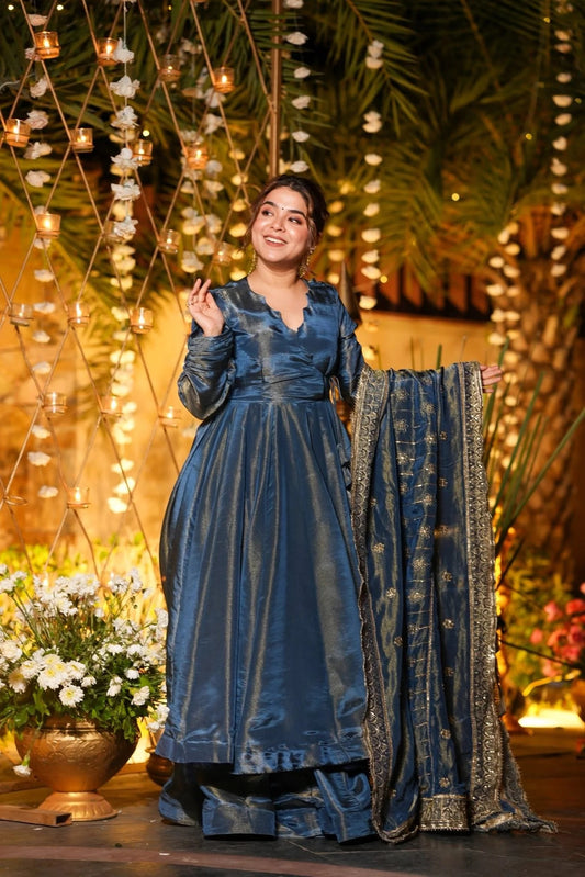 Midnight Blue Regal Anarkali Set with Embroidered Dupatta