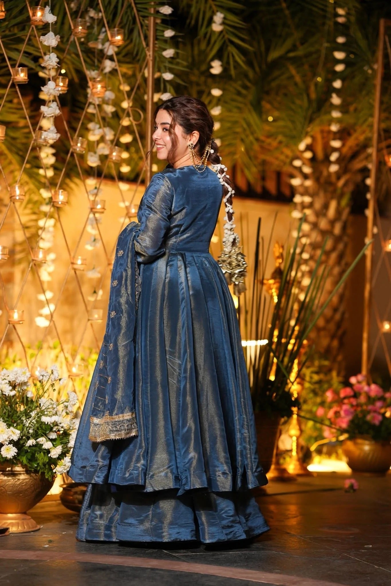 midnight blue regal anarkali set with embroidered dupatta