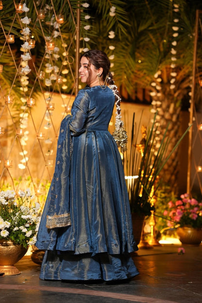 Midnight Blue Regal Anarkali Set with Embroidered Dupatta