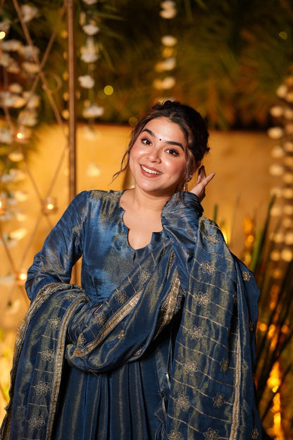 Midnight Blue Regal Anarkali Set with Embroidered Dupatta