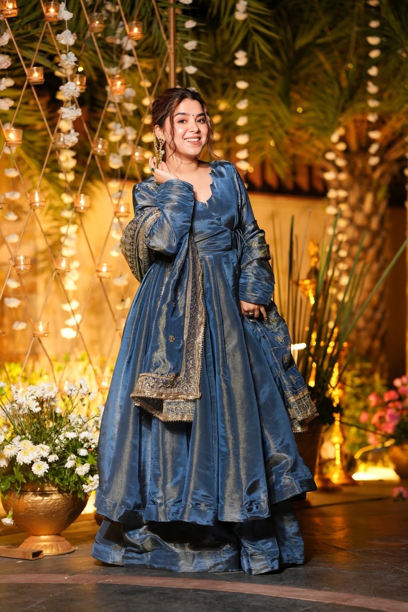 midnight blue regal anarkali set with embroidered dupatta