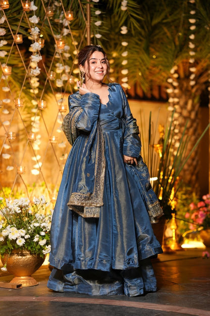 Midnight Blue Regal Anarkali Set with Embroidered Dupatta