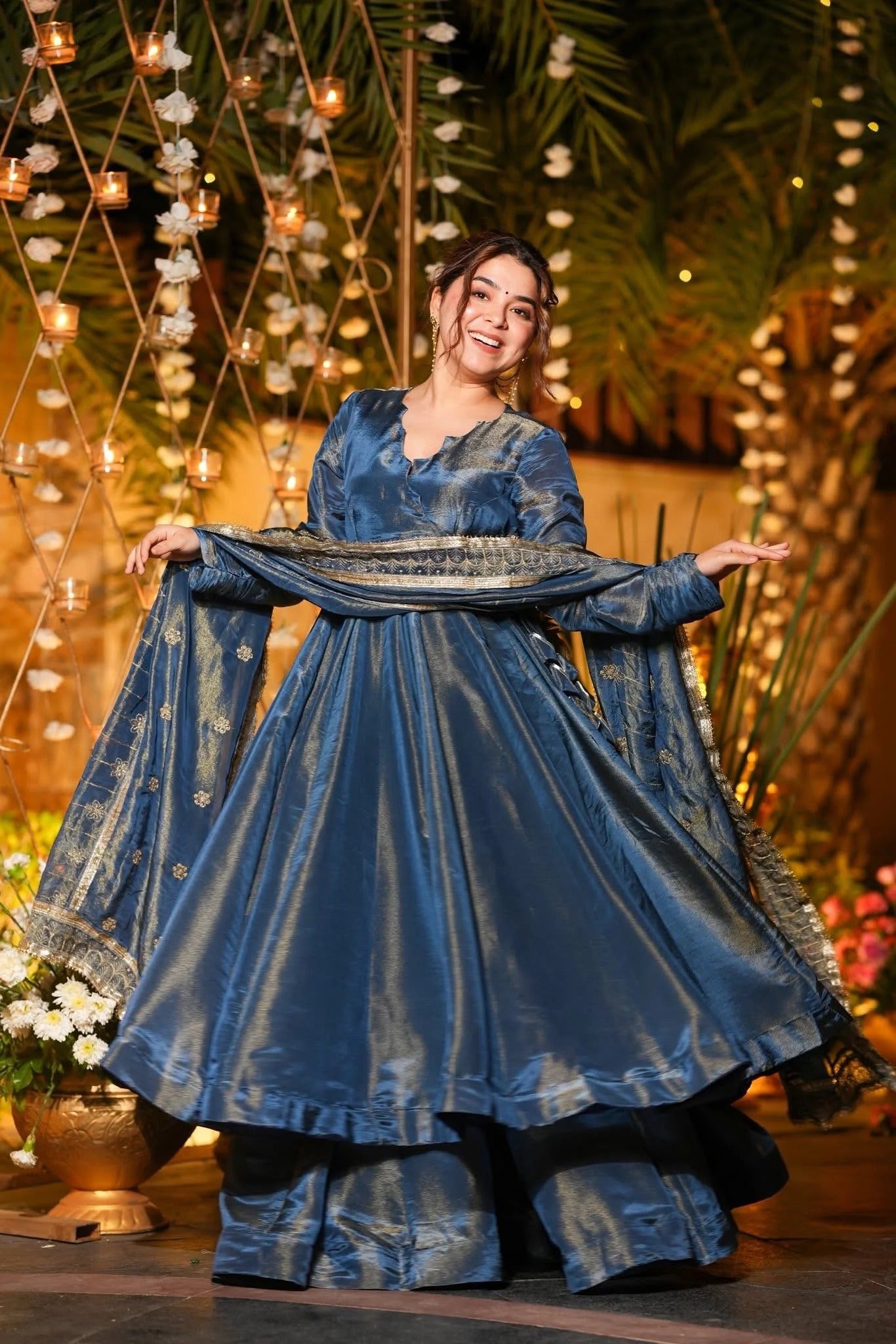 midnight blue regal anarkali set with embroidered dupatta