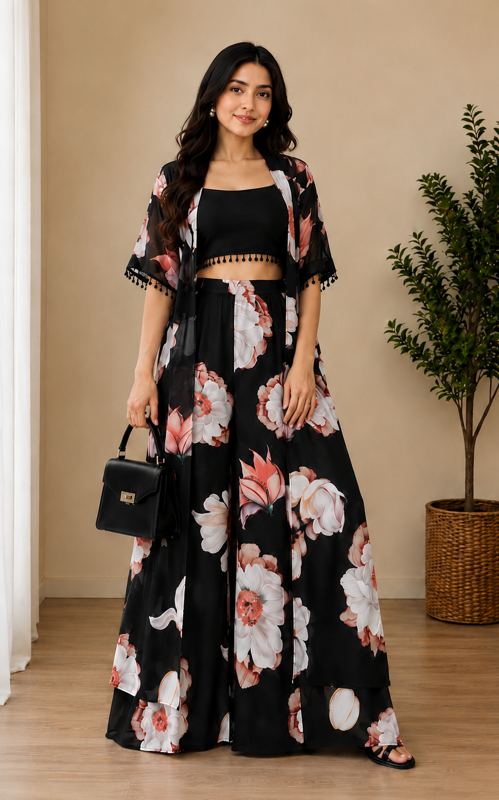 black floral georgette co-ord set with crop top, palazzo & georgette jacket