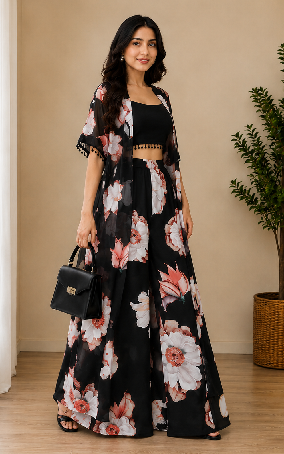black floral georgette co-ord set with crop top, palazzo & georgette jacket