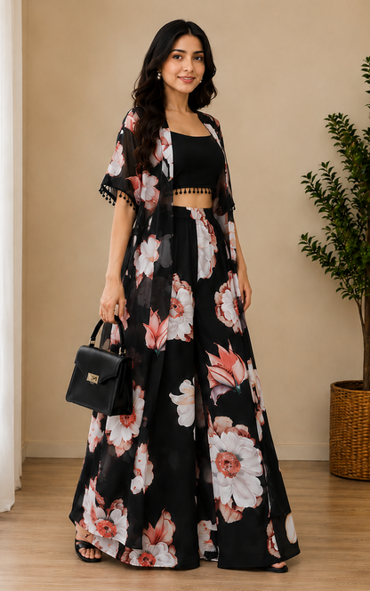 Black Floral Georgette Co-Ord Set with Crop Top, Palazzo & Georgette Jacket