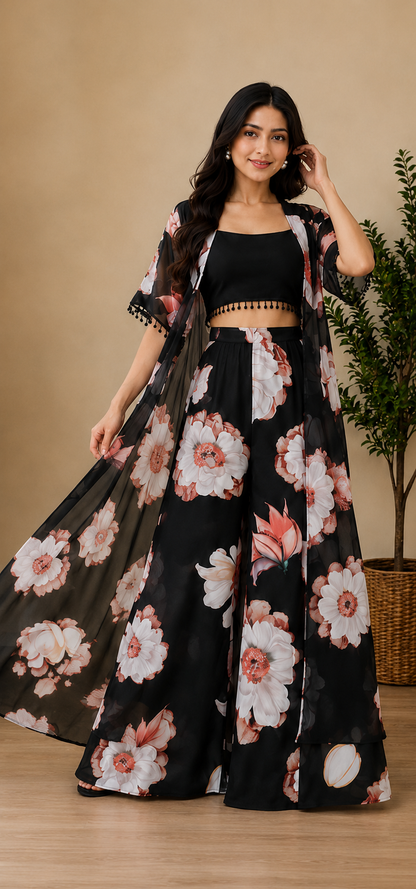 Black Floral Georgette Co-Ord Set with Crop Top, Palazzo & Georgette Jacket
