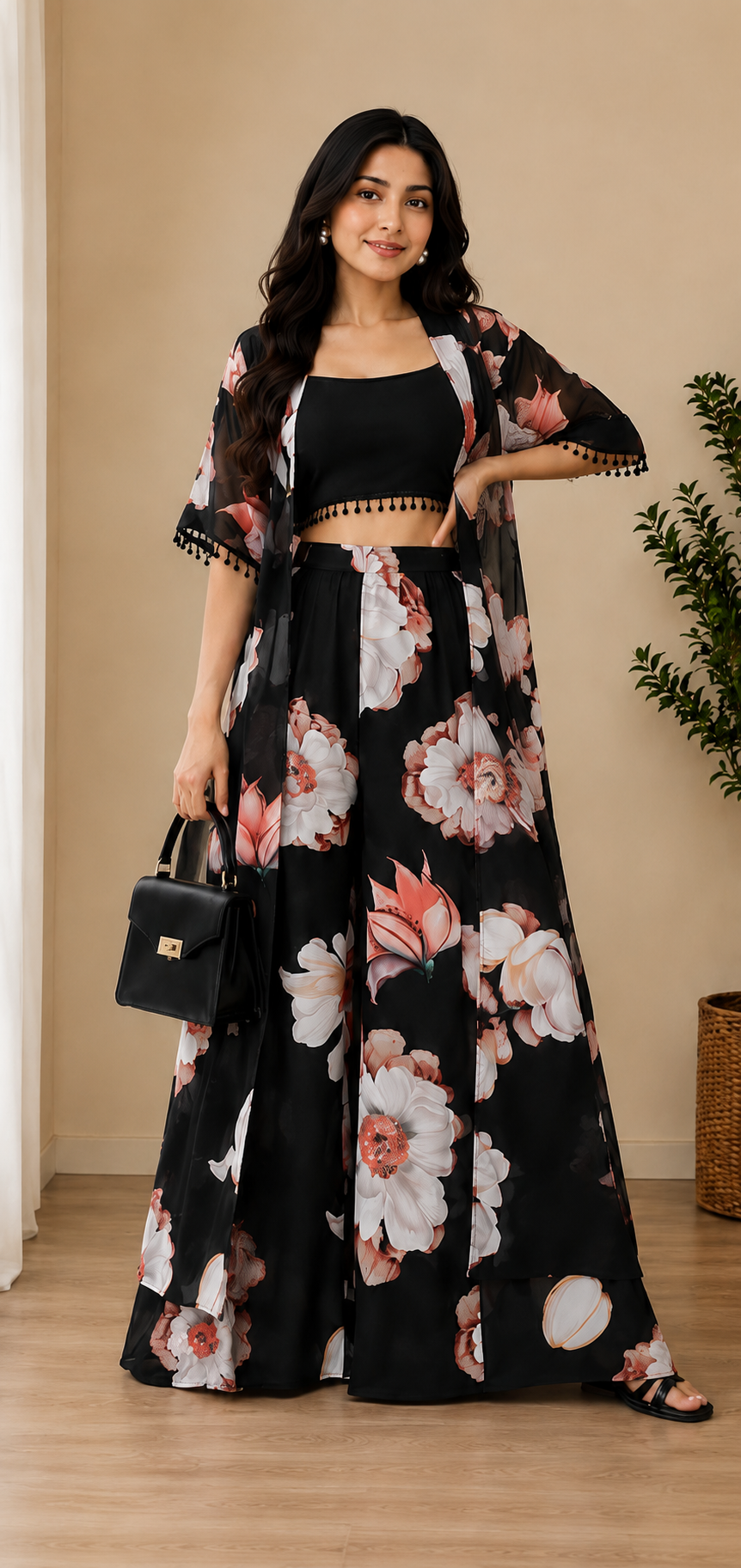 black floral georgette co-ord set with crop top, palazzo & georgette jacket