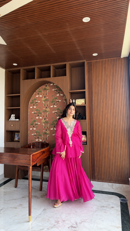 Rani Pink Heavy Embroidered peplum top with skirt Set