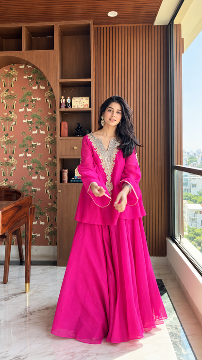 Rani Pink Heavy Embroidered peplum top with skirt Set