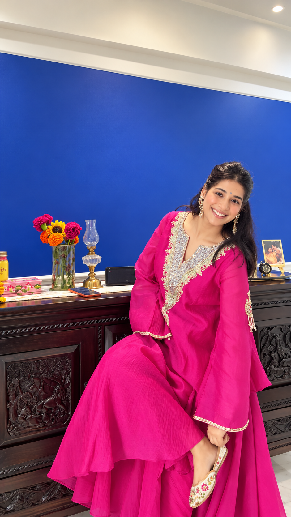 rani pink heavy embroidered peplum top with skirt set