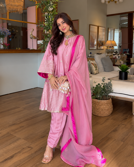Pink Silk Embroidered 3 Piece Suit Set