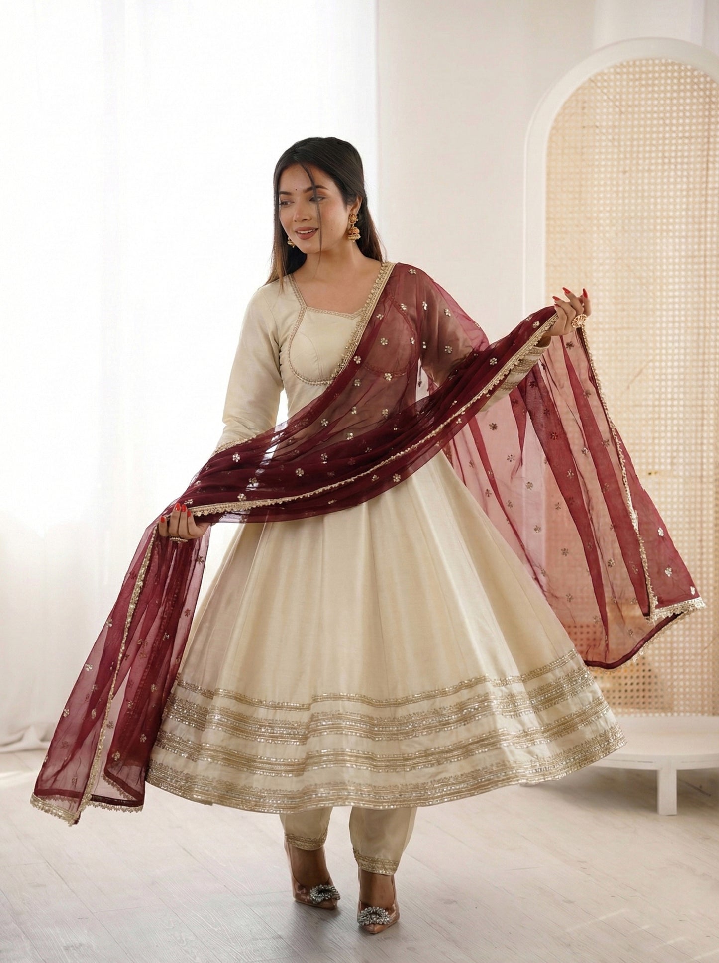 elegant heavy lace work designer anarkali three piece set