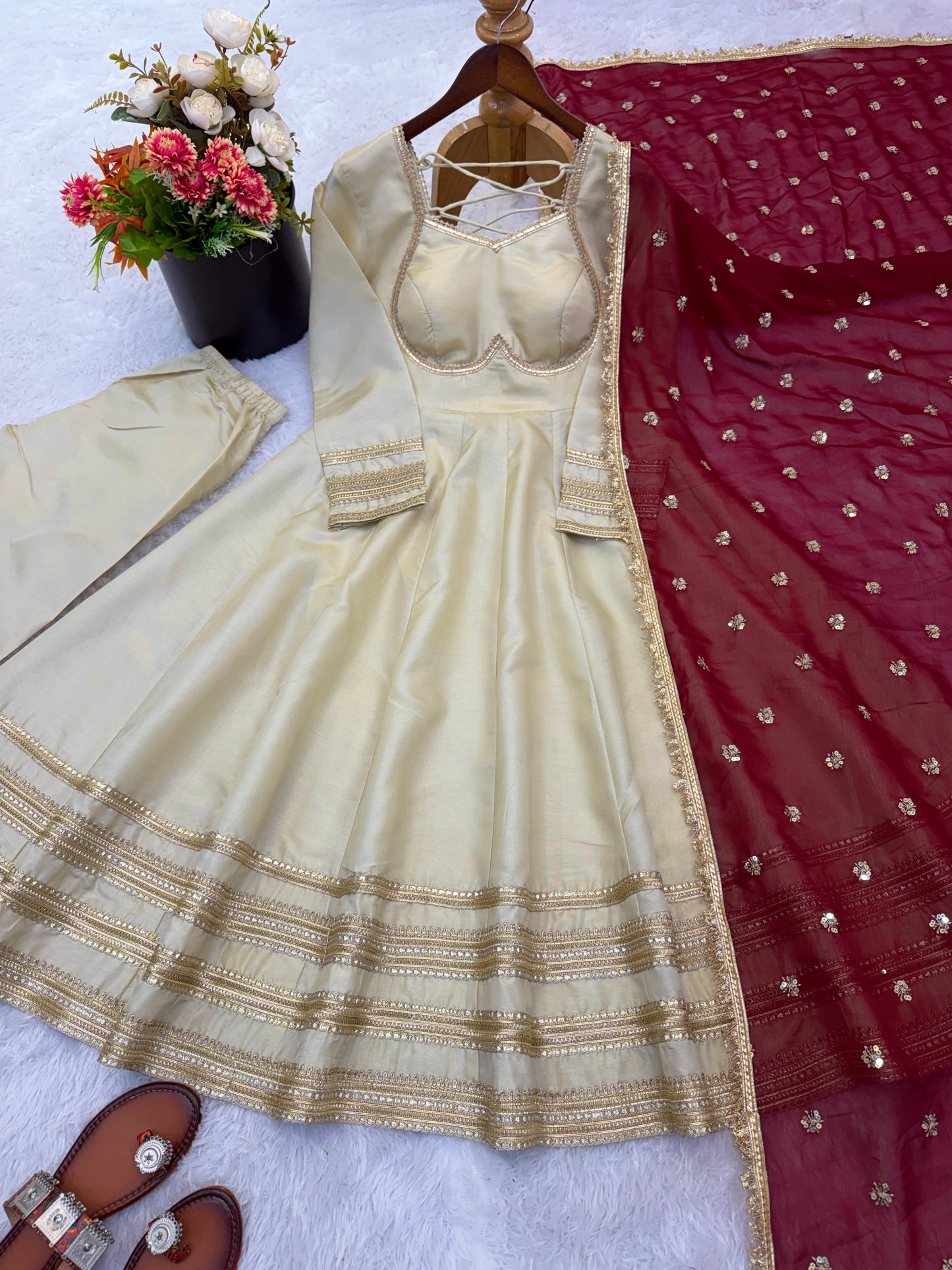 elegant heavy lace work designer anarkali three piece set