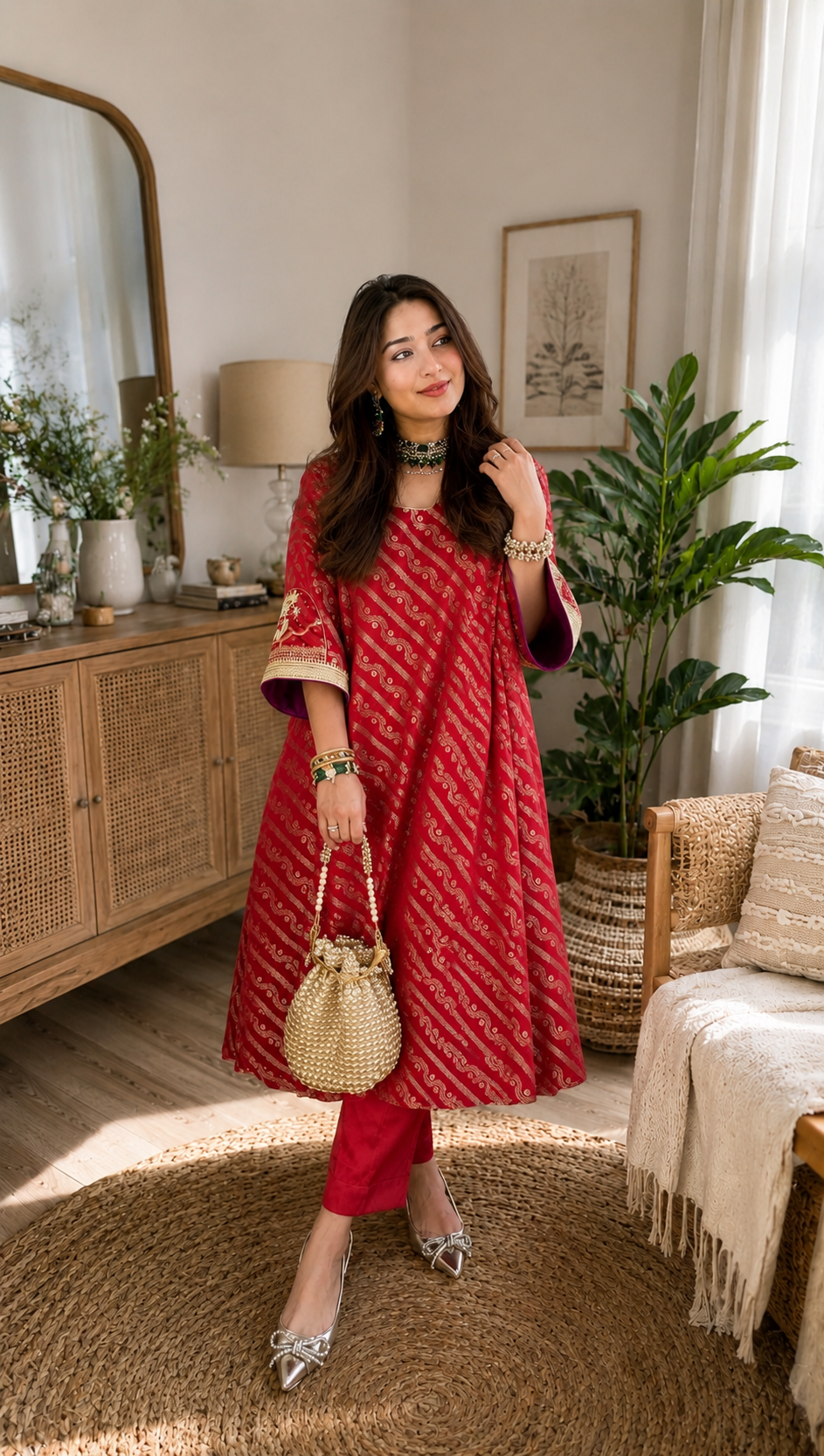 elegant red jacquard muslin handwork kurta set for women