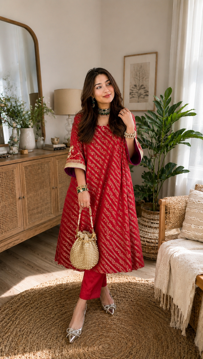Elegant Red Jacquard Muslin Handwork Kurta Set for Women