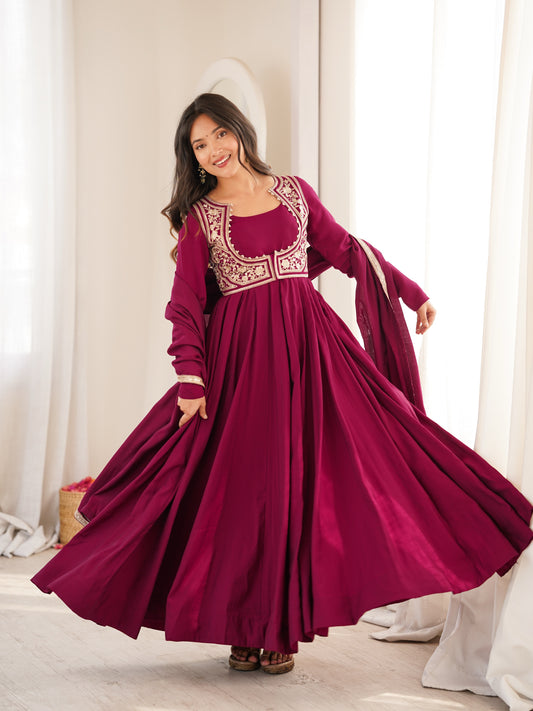 Elegant Wine Silk Embroidered Anarkali Gown with Jacket, Bottom & Dupatta