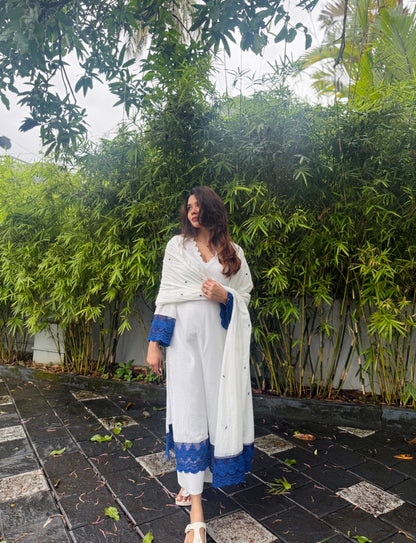 Ivory Blue Kota Checks Lace Embroidered Kurta Pant & Dupatta Set