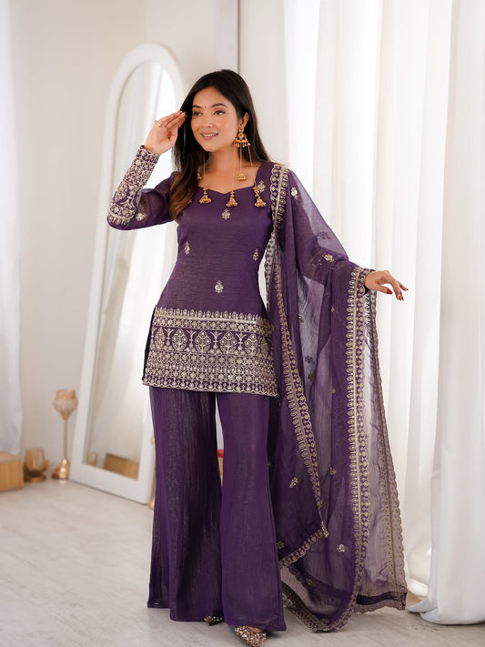 Purple Crunchy Silk Top with Bell Bottom